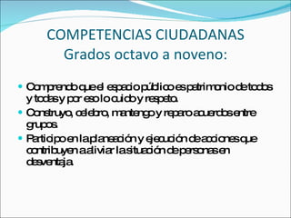COMPETENCIAS CIUDADANAS Grados octavo a noveno: Comprendo que el espacio público es patrimonio de todos y todas y por eso lo cuido y respeto. Construyo, celebro, mantengo y reparo acuerdos entre grupos. Participo en la planeación y ejecución de acciones que contribuyen a aliviar la situación de personas en desventaja. 