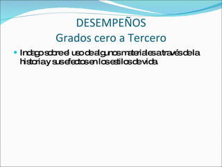 DESEMPEÑOS Grados cero a Tercero Indago sobre el uso de algunos materiales a través de la historia y sus efectos en los estilos de vida. 