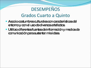DESEMPEÑOS Grados Cuarto a Quinto Asocio costumbres culturales con características del entorno y con el uso de diversos artefactos. Utilizo diferentes fuentes de información y medios de comunicación para sustentar mis ideas. 