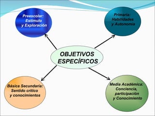 OBJETIVOS ESPECÍFICOS Primaria:  Habilidades y Autonomía Básica Secundaria: Sentido critico  y conocimientos Preescolar:  Estimulo y Exploración Media Académica:  Conciencia,  participación y Conocimiento 