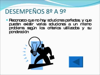DESEMPEÑOS 8º A 9º Reconozco que no hay soluciones perfectas, y que pueden existir varias soluciones a un mismo problema según los criterios utilizados y su ponderación 