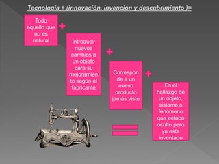 Tecnología + (innovación, invención y descubrimiento )=
Todo
aquello que
no es
natural Introducir
nuevos
cambios a
un objeto
para su
mejoramien
to según el
fabricante
Correspon
de a un
nuevo
producto
jamás visto
Es el
hallazgo de
un objeto,
sistema o
fenómeno
que estaba
oculto pero
ya esta
inventado
 