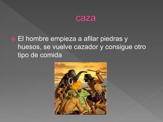  El hombre empieza a afilar piedras y
huesos, se vuelve cazador y consigue otro
tipo de comida
 