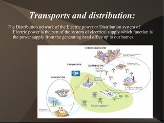 Transports and distribution:
The Distribution network of the Electric power or Distribution system of
  Electric power is the part of the system of electrical supply which function is
  the power supply from the generating head office up to our homes.
 