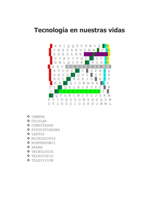 Tecnología en nuestras vidas

            A X P I Q Q P C V W Y Z FTR
           I C B X Z X E V G W M O P EA
           G X R E O L H N P O T P A LD
            O S J A U I V Q L OR L P EA
            L N M L Q J P K CO P G B VR
           O A A Y I I W O D N E T N I N
           N R T C R Z PA C A Z P M S Q
           C D B U D IT Q U S R Y T I R
           E H E C AU N G X J O A R O F
            T A B DP Q I U W M H R MN O
           T I OM Q H L B J R Y P C A M
            C ROT E L E S C O P I O I C
           AC Q F G K C W I F U J G K M
           P F I R Q Z O O M Z X S Q Z W
           G Y I D O S I U D R R J W M L


   CAMARA
   CELULAR
   COMPUTADOR
   FOTOCOPIADORA
   LAPTOP
   MICROSCOPIO
   NINTENDOWII
   RADAR
   TECNOLOGIA
   TELESCOPIO
   TELEVISION
 