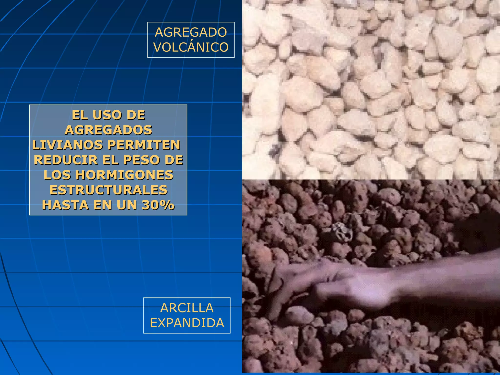 EL USO DEEL USO DE
AGREGADOSAGREGADOS
LIVIANOS PERMITENLIVIANOS PERMITEN
REDUCIR EL PESO DEREDUCIR EL PESO DE
LOS HORMIGONESLOS HORMIGONES
ESTRUCTURALESESTRUCTURALES
HASTA EN UN 30%HASTA EN UN 30%
AGREGADO
VOLCÁNICO
ARCILLA
EXPANDIDA
 