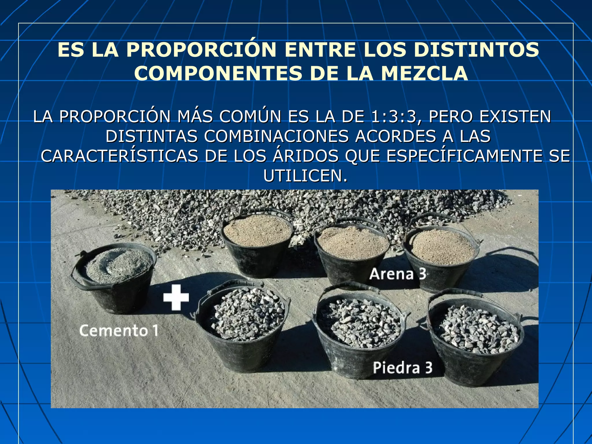 ES LA PROPORCIÓN ENTRE LOS DISTINTOS
COMPONENTES DE LA MEZCLA
LA PROPORCIÓN MÁS COMÚN ES LA DE 1:3:3, PERO EXISTENLA PROPORCIÓN MÁS COMÚN ES LA DE 1:3:3, PERO EXISTEN
DISTINTAS COMBINACIONES ACORDES A LASDISTINTAS COMBINACIONES ACORDES A LAS
CARACTERÍSTICAS DE LOS ÁRIDOS QUE ESPECÍFICAMENTE SECARACTERÍSTICAS DE LOS ÁRIDOS QUE ESPECÍFICAMENTE SE
UTILICEN.UTILICEN.
 
