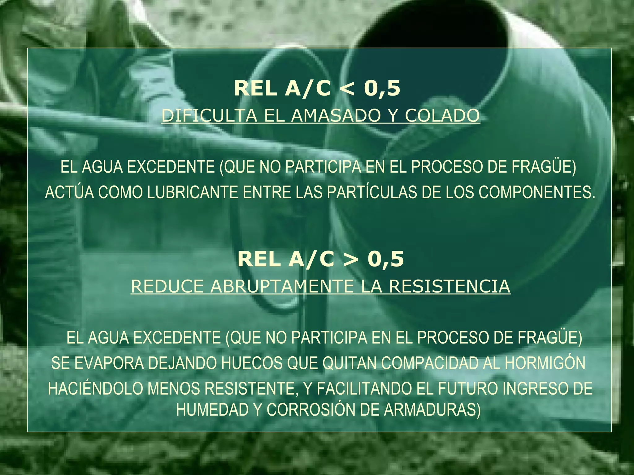 REL A/C < 0,5
DIFICULTA EL AMASADO Y COLADO
EL AGUA EXCEDENTE (QUE NO PARTICIPA EN EL PROCESO DE FRAGÜE)
ACTÚA COMO LUBRICANTE ENTRE LAS PARTÍCULAS DE LOS COMPONENTES.
REL A/C > 0,5
REDUCE ABRUPTAMENTE LA RESISTENCIA
EL AGUA EXCEDENTE (QUE NO PARTICIPA EN EL PROCESO DE FRAGÜE)
SE EVAPORA DEJANDO HUECOS QUE QUITAN COMPACIDAD AL HORMIGÓN
HACIÉNDOLO MENOS RESISTENTE, Y FACILITANDO EL FUTURO INGRESO DE
HUMEDAD Y CORROSIÓN DE ARMADURAS)
 