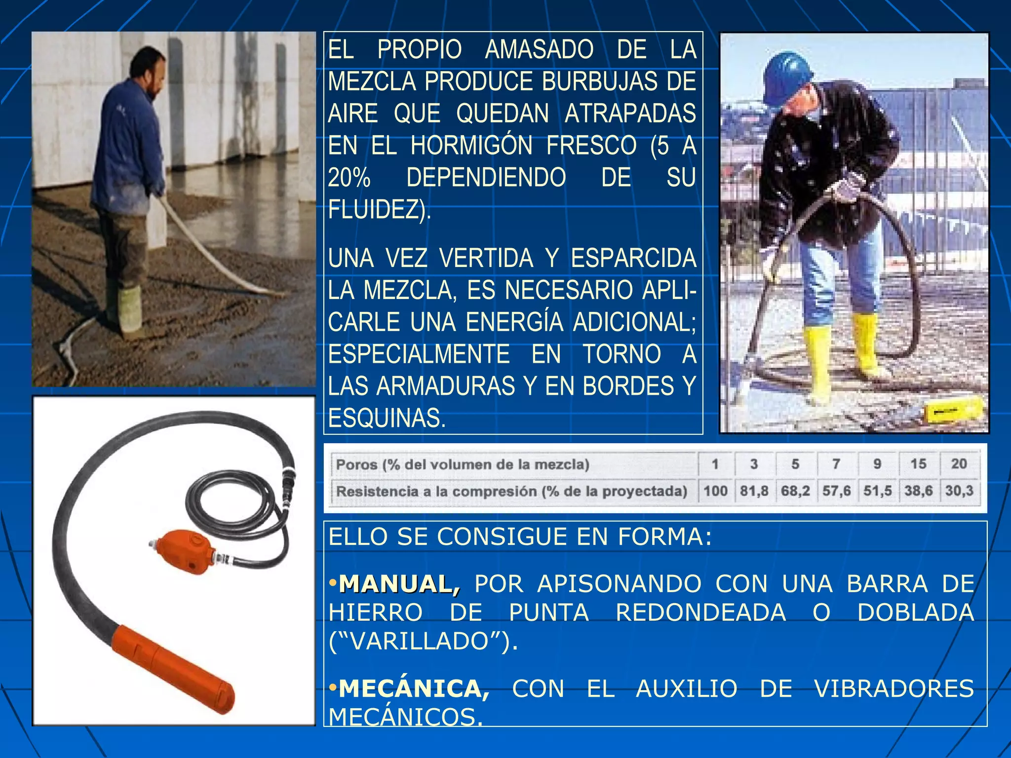 EL PROPIO AMASADO DE LA
MEZCLA PRODUCE BURBUJAS DE
AIRE QUE QUEDAN ATRAPADAS
EN EL HORMIGÓN FRESCO (5 A
20% DEPENDIENDO DE SU
FLUIDEZ).
UNA VEZ VERTIDA Y ESPARCIDA
LA MEZCLA, ES NECESARIO APLI-
CARLE UNA ENERGÍA ADICIONAL;
ESPECIALMENTE EN TORNO A
LAS ARMADURAS Y EN BORDES Y
ESQUINAS.
ELLO SE CONSIGUE EN FORMA:
•MANUAL,MANUAL, POR APISONANDO CON UNA BARRA DE
HIERRO DE PUNTA REDONDEADA O DOBLADA
(“VARILLADO”).
•MECÁNICA, CON EL AUXILIO DE VIBRADORES
MECÁNICOS.
 