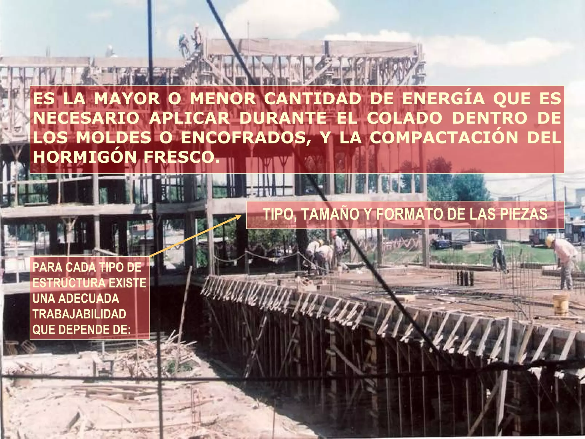 PARA CADA TIPO DE
ESTRUCTURA EXISTE
UNA ADECUADA
TRABAJABILIDAD
QUE DEPENDE DE:
ES LA MAYOR O MENOR CANTIDAD DE ENERGÍA QUE ES
NECESARIO APLICAR DURANTE EL COLADO DENTRO DE
LOS MOLDES O ENCOFRADOS, Y LA COMPACTACIÓN DEL
HORMIGÓN FRESCO.
TIPO, TAMAÑO Y FORMATO DE LAS PIEZAS
 