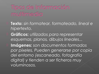  Texto: sin formatear, formateado, lineal e
hipertexto.
 Gráficos: utilizados para representar
esquemas, planos, dibujos lineales...
 Imágenes: son documentos formados
por píxeles. Pueden generarse por copia
del entorno (escaneado, fotografía
digital) y tienden a ser ficheros muy
voluminosos.
 