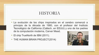 HISTORIA
• La evolución de los chips inspirados en el cerebro comenzó a
principio de la década de 1980, con el profesor del Instituto
Tecnológico de California (Caltech, en EEUU) y uno de los padres
de la computación moderna, Carver Mead.
• El chip TrueNorth de IBM (2011).
• THE HUMAN BRAIN PROJECT(2014)
 