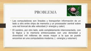 PROBLEMA
• Las computadoras son lineales y transportan información de un
lado a otro entre chips de memoria y un procesador central sobre
una red troncal de alta velocidad.(+ energía y calor)
• El cerebro, por otro lado, está completamente interconectado, con
la lógica y la memoria entrecruzadas con una densidad y
diversidad mil millones de veces mayor a la que se puede
encontrar en una computadora moderna. ( - energía y volumen)
 
