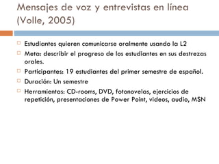 Mensajes de voz y entrevistas en línea  (Volle, 2005)    Estudiantes quieren comunicarse oralmente usando la L2  Meta: describir el progreso de los estudiantes en sus destrezas orales. Participantes: 19 estudiantes del primer semestre de español. Duración: Un semestre Herramientas: CD-rooms, DVD, fotonovelas, ejercicios de repetición, presentaciones de Power Point, videos, audio, MSN  