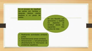 Es el proceso de clasificar
las partes por familias y
después dedicar ciertos
equipos a un grupo de
partes.
Es una filosofía que
aprovecha y explota
los aspectos de
similitud desde los
siguientes tres
puntos de vista:
• Realizando actividades similares
juntas.
• Estandarizando tareas similares.
• Almacenando y retroalimentando
eficientemente la información de
problemas repetitivos.
 