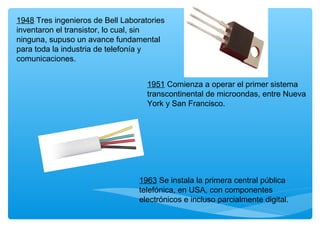 1948 Tres ingenieros de Bell Laboratories
inventaron el transistor, lo cual, sin
ninguna, supuso un avance fundamental
para toda la industria de telefonía y
comunicaciones.
1951 Comienza a operar el primer sistema
transcontinental de microondas, entre Nueva
York y San Francisco.
1963 Se instala la primera central pública
telefónica, en USA, con componentes
electrónicos e incluso parcialmente digital.
 
