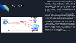 NG-PON1
La red óptica pasiva de próxima generación fase 1
(NG-PON1, Next Generation Passive Optical
Network phase 1) posee 2 variantes de arquitecturas
denominadas: XG-PON1, la cual opera a una
velocidad de 10 Gbps en bajada y 2.5 Gbps en subida,
así como XG-PON2, con una razón de transferencia
de 10 Gbps de forma simétrica.
la red óptica pasiva con capacidad de 10 gigabit (XG-
PON, 10-Gigabit-capable Passive Optical Network) es
un sistema que soporta velocidades en el orden de los
10 Gbps en al menos un sentido de la comunicación.
se muestra el diagrama lógico de la red de acceso XG-
PON cuya ODN representa un segmento simple de
distribución óptico pasivo (ODS, Optical Distribution
Segment), aunque también está compuesta por un
grupo de ODS pasivos interconectados con
dispositivos para la extensión del
alcance de la red óptica (RE, Reach Extender).
 