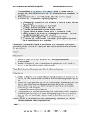 Servicio de asesoría y resolución de ejercicios ciencias_help@hotmail.com
www.maestronline.com
1. Observa el video By the numbers: Cisco Mobility Story, prestando especial
atención a los datos que se muestran sobre el comportamiento de los usuarios y la
movilidad.
2. Reflexiona el impacto de la movilidad en tus diferentes entornos (social,
académico, etc.) y responde las siguientes preguntas:
a. ¿Cuáles son los servicios que en la actualidad se tienen al alcance gracias a
la movilidad?
b. ¿Qué tipo de carriers te brindan el servicio?
c. ¿Qué tipo de redes utilizas en tu día a día?
d. ¿Qué ventajas y desventajas ofrece la conectividad?
e. ¿De qué manera se pueden mejorar los servicios de conectividad?
f. ¿Cómo consideras que los carriers, organizaciones, empresas y personas
se deben preparar para usar estos servicios?
g. ¿Están las empresas preparadas para dar servicios móviles?
h. ¿Qué tiene que cambiar con los carriers para que más personas puedan
sacar mejor provecho de la movilidad?
Comparte tus respuestas a través de tu participación en el foro grupal, en la que tus
compañeros puedan comentar al respecto; de igual manera retroalimenta en al menos
dos aportaciones.
Tarea 1:
Instrucciones:
1. Realiza un ensayo con el tema Beneficios de la interconectividad en las
organizaciones.
2. Agrega 3 tendencias de conectividad en tu entorno (educativo, social, mediático,
etc.), y en qué dispositivos se están implementando.
Título: Diseño de una red de soporte a servicios de telecomunicaciones
Instrucciones:
1. Elabora un diagrama en el cual describas los dispositivos básicos de interconexión de
una red, así como los tres niveles incluidos en el modelo de diseño jerárquico de una
red.
2. Imagina que debes desarrollar una guía que explique clara y detalladamente los pasos
a seguir para el diseño de una red que dé soporte por 5 años a los servicios de
telecomunicaciones, como voz sobre IP y teleconferencias, de una organización
compuesta por 1500 empleados.
3. Considera el avance tecnológico a futuro.
4. Comparte tu guía de pasos a través de una aportación en el foro grupal y, solamente
después de haberlo hecho, revisa las participaciones anteriores de tus compañeros
para que votes por la que te parezca más completa, dejando un comentario al
respecto.
Evidencia: Diseño de una red especificando sus elementos y condiciones, así como los
recursos necesarios para su implementación.
Tarea 2:
 