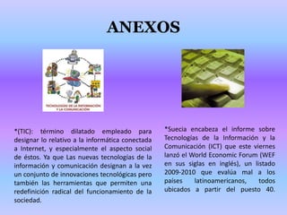 ANEXOS*Suecia encabeza el informe sobre Tecnologías de la Información y la Comunicación (ICT) que este viernes lanzó el World Economic Forum (WEF en sus siglas en inglés), un listado 2009-2010 que evalúa mal a los países latinoamericanos, todos ubicados a partir del puesto 40.*(TIC): término dilatado empleado para designar lo relativo a la informática conectada a Internet, y especialmente el aspecto social de éstos. Ya que Las nuevas tecnologías de la información y comunicación designan a la vez un conjunto de innovaciones tecnológicas pero también las herramientas que permiten una redefinición radical del funcionamiento de la sociedad.