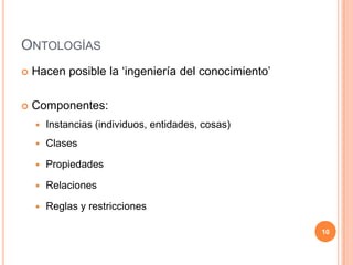 OntologíasHacen posible la ‘ingeniería del conocimiento’Componentes:Instancias (individuos, entidades, cosas)ClasesPropiedadesRelacionesReglas y restricciones10