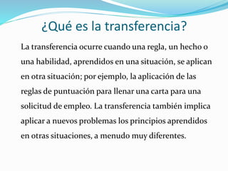 ¿Qué es la transferencia?
La transferencia ocurre cuando una regla, un hecho o
una habilidad, aprendidos en una situación, se aplican
en otra situación; por ejemplo, la aplicación de las
reglas de puntuación para llenar una carta para una
solicitud de empleo. La transferencia también implica
aplicar a nuevos problemas los principios aprendidos
en otras situaciones, a menudo muy diferentes.
 