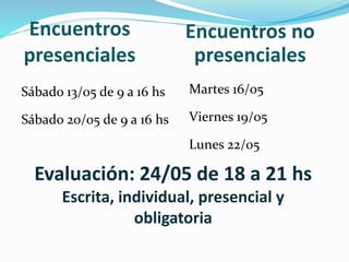 Encuentros
presenciales
Sábado 13/05 de 9 a 16 hs
Sábado 20/05 de 9 a 16 hs
Martes 16/05
Viernes 19/05
Lunes 22/05
Encuentros no
presenciales
Evaluación: 24/05 de 18 a 21 hs
Escrita, individual, presencial y
obligatoria
 