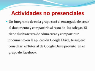  Un integrante de cada grupo será el encargado de crear
el documento y compartirlo al resto de los colegas. Si
tiene dudas acerca de cómo crear y compartir un
documento en la aplicación Google Drive, te sugiero
consultar el Tutorial de Google Drive provisto en el
grupo de Facebook.
Actividades no presenciales
 
