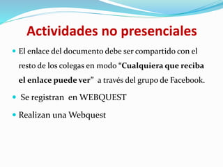  El enlace del documento debe ser compartido con el
resto de los colegas en modo “Cualquiera que reciba
el enlace puede ver” a través del grupo de Facebook.
 Se registran en WEBQUEST
 Realizan una Webquest
Actividades no presenciales
 