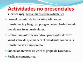 Actividades no presenciales
Viernes 19/5: Tema: Transferencia didáctica
 Lean el material de Anita Woolfolk sobre
transferencia y luego propongan 1 ejemplo desde cada
una de sus áreas curriculares.
 Realicen un informe usando el procesador de texto
Word sobre de qué manera el estudiante concreta la
transferencia en su ejemplo.
 Suben los archivos de word al grupo de Facebook.
 Realizan comentarios.
 