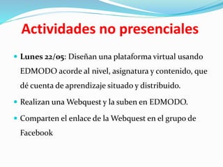 Actividades no presenciales
 Lunes 22/05: Diseñan una plataforma virtual usando
EDMODO acorde al nivel, asignatura y contenido, que
dé cuenta de aprendizaje situado y distribuido.
 Realizan una Webquest y la suben en EDMODO.
 Comparten el enlace de la Webquest en el grupo de
Facebook
 