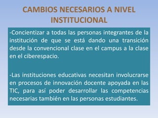 CAMBIOS NECESARIOS A NIVEL
INSTITUCIONAL
-Concientizar a todas las personas integrantes de la
institución de que se está dando una transición
desde la convencional clase en el campus a la clase
en el ciberespacio.
-Las instituciones educativas necesitan involucrarse
en procesos de innovación docente apoyada en las
TIC, para así poder desarrollar las competencias
necesarias también en las personas estudiantes.
 