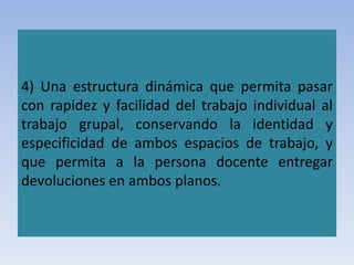 4) Una estructura dinámica que permita pasar
con rapidez y facilidad del trabajo individual al
trabajo grupal, conservando la identidad y
especificidad de ambos espacios de trabajo, y
que permita a la persona docente entregar
devoluciones en ambos planos.
 