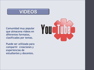 VIDEOSComunidad muy popular que almacena videos en diferentes formatos, clasificados por temas.Puede ser utilizada para compartir  creaciones y experiencias de estudiantes y docentes.