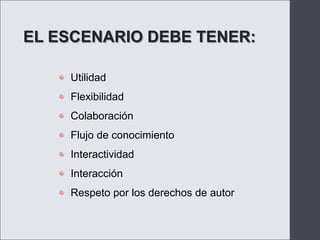 EL ESCENARIO DEBE TENER:UtilidadFlexibilidadColaboraciónFlujo de conocimientoInteractividadInteracciónRespeto por los derechos de autor