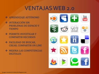 VENTAJAS WEB 2.0
      APRENDIZAJE AUTÓNOMO
      INTERACCIÓN SIN
       PROBLEMAS DE ESPACIO Y
       TIEMPO
      PERMITE INVESTIGAR Y
       COMPARTIR RECURSOS
      FACILIDAD DE BUSCAR,
       CREAR, COMPARTIR ON LINE
      MEJORA LAS COMPETENCIAS
       DIGITALES




Imagen tomada de laskarols.blogspot.com
 