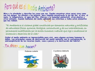 Mira a tu alrededor y describe las cosas que ves. Puedes encontrar otros seres vivos como 
son tus amigos, los árboles y los pájaros, pero también encontrarás la luz del Sol, el aire, el 
suelo, la temperatura, el agua (en ríos, charcos o la humedad ambiental), otras plantas y 
otros animales. Cuando hablamos del medio ambiente  
nos referimos a todos estos elementos 
que nos rodean. 
"El Ambiente es el sistema global constituido por elementos naturales y artificiales 
de naturaleza física, química, biológica, sociocultural y de sus interrelaciones, en 
permanente modificación por la acción humana o natural que rige o condiciona la 
existencia o desarrollo de la vida." 
Cuidar el medio ambiente es imprescindible para vivir, pero algunas acciones humanas lo 
dañan. Las principales causas de destrucción del medio ambiente son la contaminación, la 
sobreexplotación de los recursos (suelo, caza o pesca) y la destrucción del hábitat. 
 