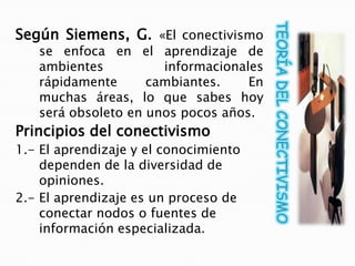 Según Siemens, G. «El conectivismo

se enfoca en el aprendizaje de
ambientes
informacionales
rápidamente
cambiantes.
En
muchas áreas, lo que sabes hoy
será obsoleto en unos pocos años.

Principios del conectivismo
1.- El aprendizaje y el conocimiento
dependen de la diversidad de
opiniones.
2.- El aprendizaje es un proceso de
conectar nodos o fuentes de
información especializada.

 