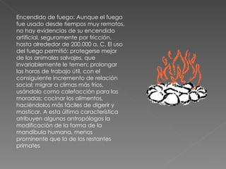 Encendido de fuego: Aunque el fuego fue usado desde tiempos muy remotos, no hay evidencias de su encendido artificial, seguramente por fricción, hasta alrededor de 200.000 a. C. El uso del fuego permitió: protegerse mejor de los animales salvajes, que invariablemente le temen; prolongar las horas de trabajo útil, con el consiguiente incremento de relación social; migrar a climas más fríos, usándolo como calefacción para las moradas; cocinar los alimentos, haciéndolos más fáciles de digerir y masticar. A esta última característica atribuyen algunos antropólogos la modificación de la forma de la mandíbula humana, menos prominente que la de los restantes primates 