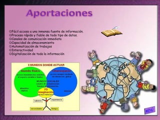 Fácil acceso a una inmensa fuente de información.
Proceso rápido y fiable de todo tipo de datos.
Canales de comunicación inmediata
Capacidad de almacenamiento
Automatización de trabajos
Interactividad
Digitalización de toda la información
 