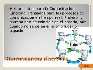 Herramientas para la Comunicación
Síncrona: Pensadas para los procesos de
comunicación en tiempo real. Profesor y
alumno han de coincidir en el horario, aún
cuando no se de en el mismo lugar o
espacio.
Herramientas síncronasHerramientas síncronas
atrás
 