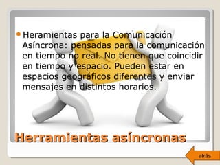 Heramientas para la Comunicación
Asíncrona: pensadas para la comunicación
en tiempo no real. No tienen que coincidir
en tiempo y espacio. Pueden estar en
espacios geográficos diferentes y enviar
mensajes en distintos horarios.
Herramientas asíncronasHerramientas asíncronas
atrás
 