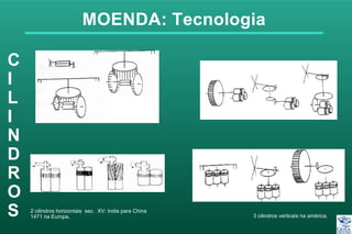 MOENDA: Tecnologia
C
I
L
I
N
D
R
O
S 2 cilindros horizontais sec. XV: India para China
1471 na Europa. 3 cilindros verticais na américa.
 