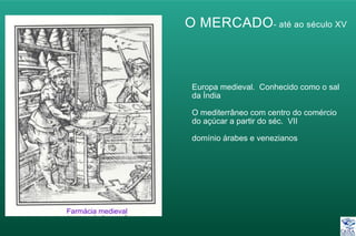 O MERCADO- até ao século XV
Farmácia medieval
Europa medieval. Conhecido como o sal
da Índia
O mediterrâneo com centro do comércio
do açúcar a partir do séc. VII
domínio árabes e venezianos
 