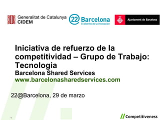 Iniciativa de refuerzo de la competitividad – Grupo de Trabajo: Tecnologia Barcelona Shared Services www.barcelonasharedservices.com   22@Barcelona, 29 de marzo 