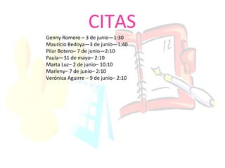 CITAS Genny Romero – 3 de junio—1:30 Mauricio Bedoya—3 de junio—1:40 Pilar Botero– 7 de junio—2:10 Paula—31 de mayo– 2:10 Marta Luz– 2 de junio– 10:10 Marleny– 7 de junio– 2:10 Verónica Aguirre – 9 de junio– 2:10  