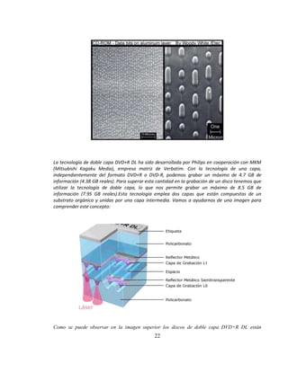 La tecnología de doble capa DVD+R DL ha sido desarrollada por Philips en cooperación con MKM
(Mitsubishi Kagaku Media), empresa matriz de Verbatim. Con la tecnología de una capa,
independientemente del formato DVD+R o DVD-R, podemos grabar un máximo de 4.7 GB de
información (4.38 GB reales). Para superar esta cantidad en la grabación de un disco tenemos que
utilizar la tecnología de doble capa, lo que nos permite grabar un máximo de 8.5 GB de
información (7.95 GB reales).Esta tecnología emplea dos capas que están compuestas de un
substrato orgánico y unidas por una capa intermedia. Vamos a ayudarnos de una imagen para
comprender este concepto:




Como se puede observar en la imagen superior los discos de doble capa DVD+R DL están
                                              22
 
