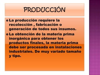  La  producción requiere la
  recolección , fabricación o
  generación de todos sus insumos.
 La obtención de la materia prima
  inorgánica para obtener los
  productos finales, la materia prima
  debe ser procesada en instalaciones
  industriales. De muy variado tamaño
  y tipo.
 