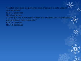 *¿Usted cree que las personas que practican el arte urbano
son bandidos?
R/Si, 7 personas
No, 8 personas
*¿cree que las autoridades deben ser severas con las personas
que practican esta expresión?
R/Si, 1 persona
No, 14 personas
 