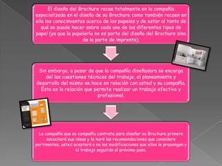 El diseño del Brochure recae totalmente en la compañía
especializada en el diseño de su Brochure como también recaen en
ella los conocimientos acerca de los papeles y de estar al tanto de
   qué se puede hacer sobre cada uno de los diferentes tipos de
papel (ya que la papelería no es parte del diseño del Brochure sino
                      de la parte de imprenta).




 Sin embargo, a pesar de que la compañía diseñadora se encarga
    del las cuestiones técnicas del trabajo, el planeamiento y
desarrollo del mismo se hace en relación con usted y su compañía.
  Ésta es la relación que permite realizar un trabajo efectivo y
                            profesional.




  La compañía que su compañía contrate para diseñar su Brochure primero
      escuchará sus ideas y le hará las recomendaciones que considere
pertinentes, usted aceptará o no las modificaciones que ellos le propongan y
                    el trabajo seguirán al próximo paso.
 