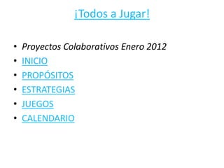 ¡Todos a Jugar!

•   Proyectos Colaborativos Enero 2012
•   INICIO
•   PROPÓSITOS
•   ESTRATEGIAS
•   JUEGOS
•   CALENDARIO
 